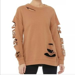 ALO Yoga Brown Distressed Crew Neck Sweater